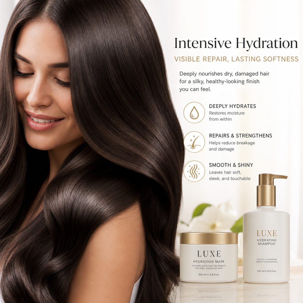 Video variant showing a woman with smooth hydrated hair for dry hair search